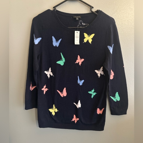 Talbots Petite Butterfly Sweater PS Navy Cotton Blend Spring Garden Preppy - Picture 2 of 6